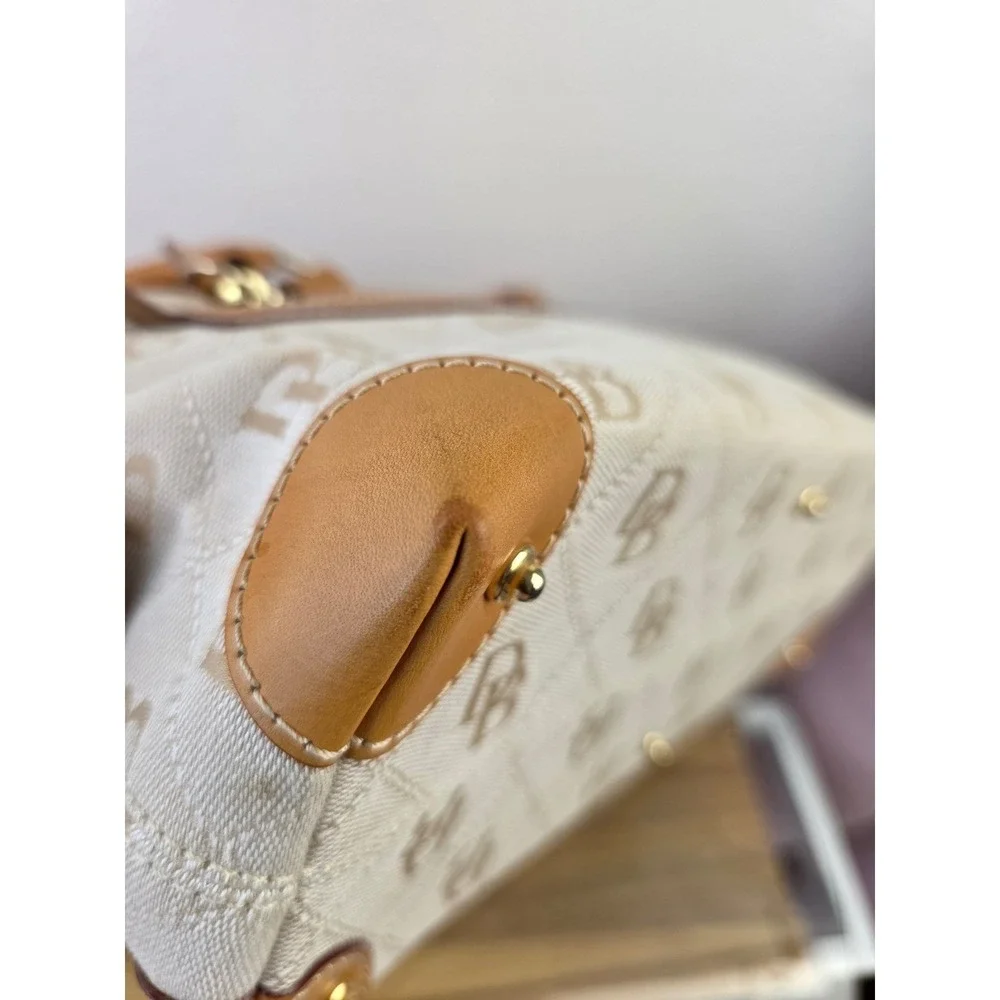 Dooney & Bourke Signature Monogram Canvas Satchel Tan Leather Trim Bag